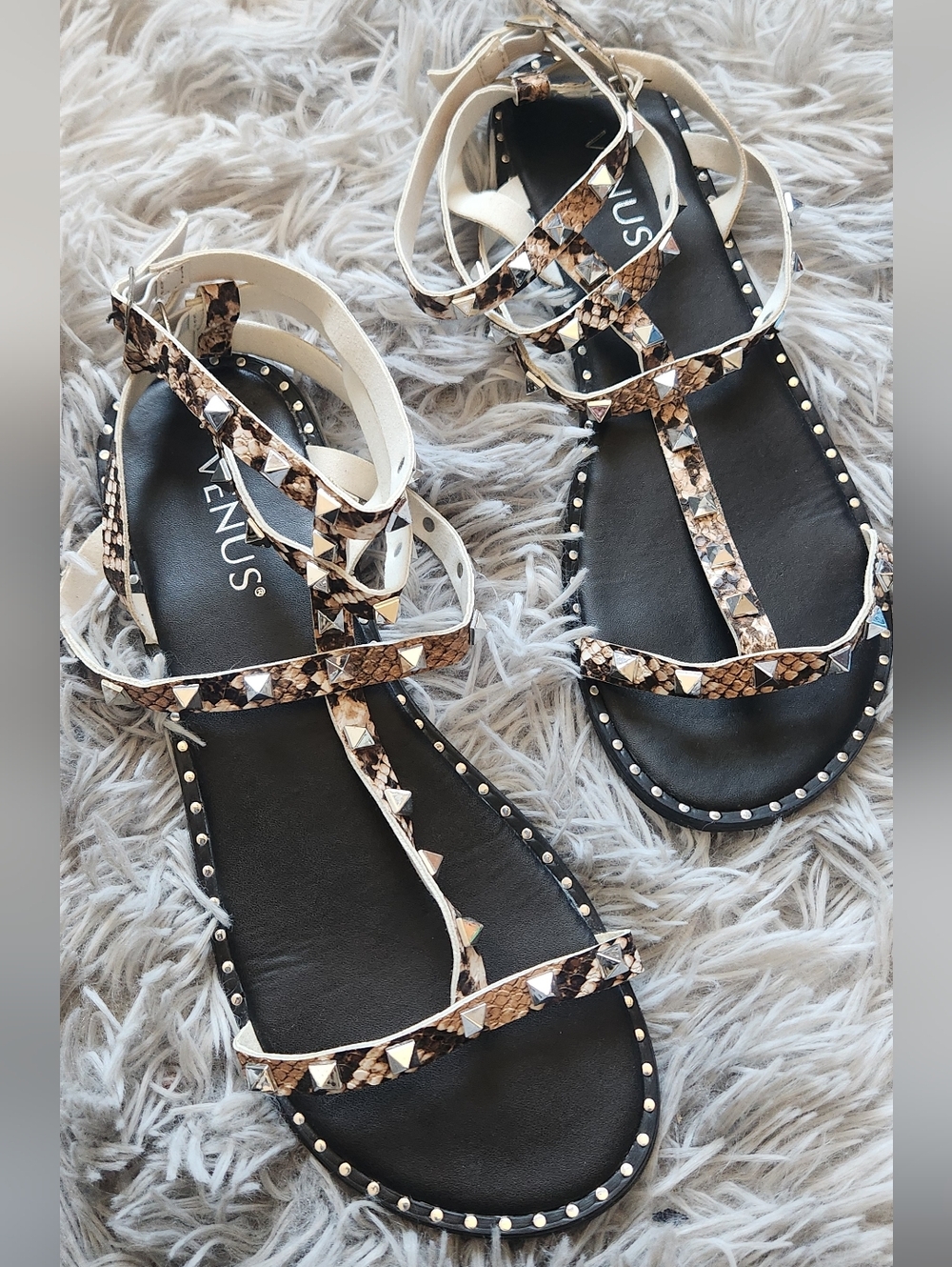 VENUS Black Sandals with Brown Snake-Print Straps and Gold Studs